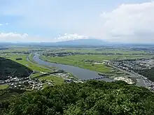権現山より望む肝属平野（肝属川河口の沖積平野）肝属川を境に右側（北）が東串良町。右端は柏原の集落