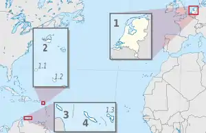 地理的な位置関係 * オランダ(1)の一部であるサバ島 (1.1)、シント・ユースタティウス島 (1.2)、ボネール島 (1.3) が示されている。 * シント・マールテン (2)、アルバ (3)、キュラソー (4) はオランダ王国構成国。