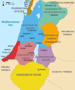 紀元前9世紀のペリシテ人都市国家、フィリステアの支配地域(左下の赤い部分)。