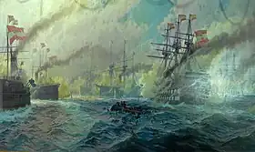 リッサ海戦を描いた絵画。中央部に浮かんでいる船体が撃沈された「パレストロ」。