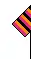 A black, gold and cerise hooped shirt without a collar. Black shorts. Black socks.