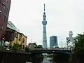 改修前の北十間川から十間橋とスカイツリーを見る（2011年7月23日撮影）