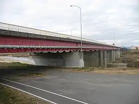 南東側より撮影した木津川大橋の画像(2012年1月8日撮影。橋脚の上流側に拡幅の跡が見て取れる。)