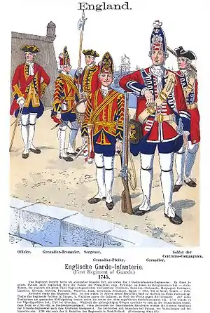 1745年。手前に擲弾兵中隊の兵士と鼓笛兵、左奥に将校と下士官、右端に一般中隊兵士。
