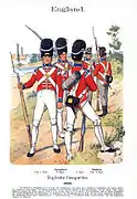 1815年。手前左から近衛歩兵第一、第二、第三連隊の擲弾兵。右奥に近衛歩兵第一連隊の一般中隊兵士。