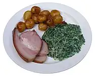 伝統的な新年のデンマーク料理。茹でたハム、ポテト、煮込んだケール
