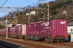 コキ100系貨車で組成された貨物列車(2021年2月17日 大磯駅 - 二宮駅間)