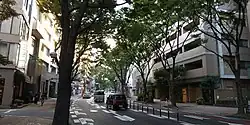 けやき通り(国体道路、警固689号線の西側、左:赤坂三丁目、右:赤坂二丁目)
