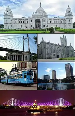 上から: ヴィクトリア記念堂、第2フーグリー橋、セントポール寺院、路面電車、中央ビジネス地区、ハウラー橋