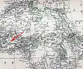 1882年のジェームス・レンネル（英語版）による地図。矢印の箇所がコング山脈。