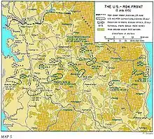 1950年7月13日の朝鮮戦争の戦況図。図の左上、ソウル付近には6月28日時点の前線が描かれている。図の中央、大田(Taejon)より少し上に米軍と韓国軍を示す丸い枠7個が左右に並び、そのうち6個には北朝鮮の攻撃を示す矢印が向けられている。