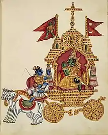 An 1830 CE painting depicting Arjuna, on the chariot, paying obeisance to Lord Krishna, the charioteer.