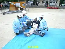 防災訓練における救護訓練/具体的にはトリアージ訓練。2007年(平成19年)、日本。