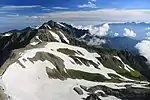 南側からの展望立山からの展望、立山との間の内蔵助カールの雪渓で内蔵助氷河が2018年に認定された