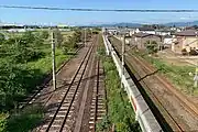 ホームと側線（2020年5月）右から順に1、2番線。側線は4本あるが、新潟東港鉄道に通じているもの（左から3番目）以外は草木に覆われている。