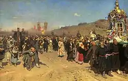 『クルスク県での復活大祭の十字行』イコン『クルスクの 生神女』とともに。(画:イリヤ・レーピン、1880-83、トレチャコフ美術館蔵)