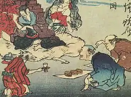 河鍋暁斎画『狂斎百図』より「佐渡国同三狸」。人間の商人を相手に金貸しを営む団三郎狸（左上）。
