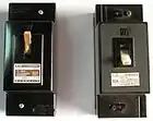 九州電力の一例左より、キューキ製・単3用40A(茶)、九州電機製造製・単3用60A(白)のリミッター