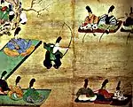 都良香邸で弓を引く道真。北野天神縁起絵巻(承久本)より。