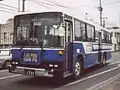 スケルトン車体に大型方向幕、中扉設置（九州産業交通）旧空港専用サロンバスで上記に記載している全国初の改造例。車種は日野ブルーリボンHU(日野車体ベース)。