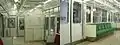 クハ103-235 トイレと車椅子スペース（左）モハ103-343 交換された座席（右）