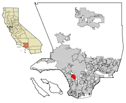 カリフォルニア州におけるロサンゼルス郡（左図）およびロサンゼルス郡におけるイングルウッドの位置の位置図
