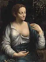 レオナルド・ダ・ヴィンチの追随者『フローラ』、16世紀。板上に油彩、26¾ x 20 in. (68 x 50.8&nbsp;cm). 個人蔵、サンクトペテルブルク (クリスティーズ のオールドマスターとイギリス絵画の競売、ロンドン、2012年7月4日、108番)