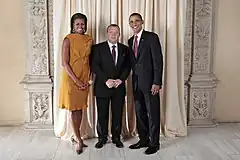 米国のバラク・オバマ大統領、ミシェル・オバマと（2009年9月23日）