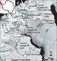 ラーセン棚氷の後退の様子(1998～2002年)。