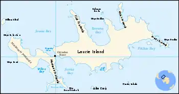 Outline lap of an irregular-shaped island showing Scotia Bay and the site of the Orcadas weather station