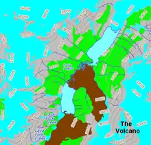 植生と氷河をいただく山脈に囲まれた2つの湖の地図