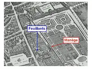 フイヤン修道院とフランス革命期間中、議会が置かれたテュイルリー庭園側のラ・サル・デュ・マネジュ