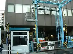 上野検車区入り口付近にある踏切。通常は線路側が仕切られている。