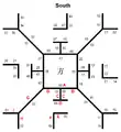 『博局占』の図。A=方 B=廉 C=掲 D=道 E=張 F=曲 G=詘 H=長 I=高