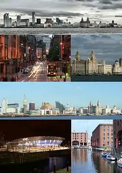 上から時計回りに、リヴァプールの都市景観、Royal Liver Building, リヴァプールのスカイライン、Albert Dock, リヴァプール・アリーナ, ビクトリア・ストリート.