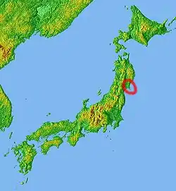 牡鹿半島および牡鹿諸島の位置。スペースシャトル標高データ使用。