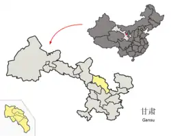 甘粛省中の白銀市の位置