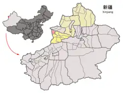 新疆ウイグル自治区の中の霍城県の位置