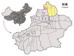 新疆ウイグル自治区の中のジェミナイ県の位置