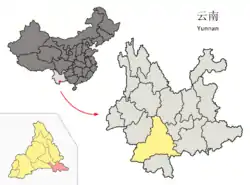 雲南省中の江城県の位置