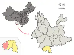 雲南省中の勐海の位置