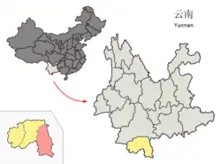 雲南省中の勐臘県の位置