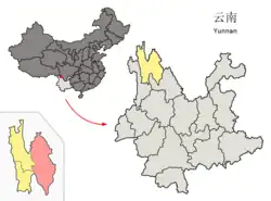 雲南省中のシャングリラ市の位置