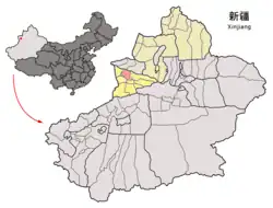 新疆ウイグル自治区の中のクルジャ県の位置