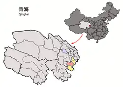 黄南チベット族自治州中の沢庫県の位置