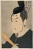 三代目坂東彦三郎の菅丞相。寛政12年(1800年)9月、江戸市村座。勝川春英画。