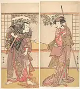 「九段目」 二代目小佐川常世のお石、五代目市川團十郎の加古川本蔵。安永8年(1979年)8月、江戸森田座。春章画。