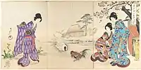 「千代田の大奥 山里のお茶や」 画面左側の腰元が矢絣の振袖を着ている。