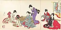「千代田の大奥 お櫛あげ」 明治29年(1896年)、楊洲周延画。江戸時代の江戸城大奥の風俗を描いたもの。画面中央の髪を梳く奥女中が、縦縞に市松模様の柄が入った小袖を着ている。
