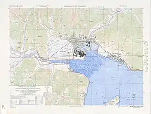 1945年米軍作成の三原市地図。一部1930年代の情報で書かれているため注意。地図中心右側にあるのが糸崎港。
